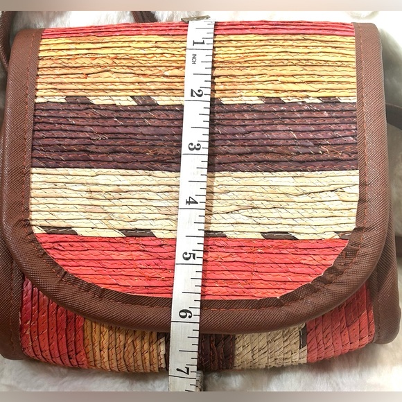 Brown Tan Orange Gold Handmade Boho Straw Crossbody Purse Bag - Picture 7 of 8